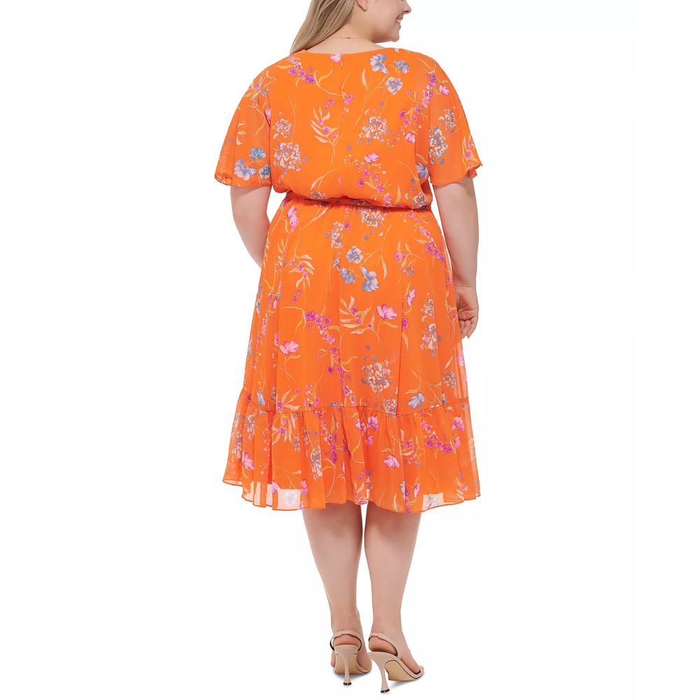 CALVIN KLEIN Plus Size Floral-Print Flutter-Sleeve Belted Midi Dress | 16 - Picture 2 of 2